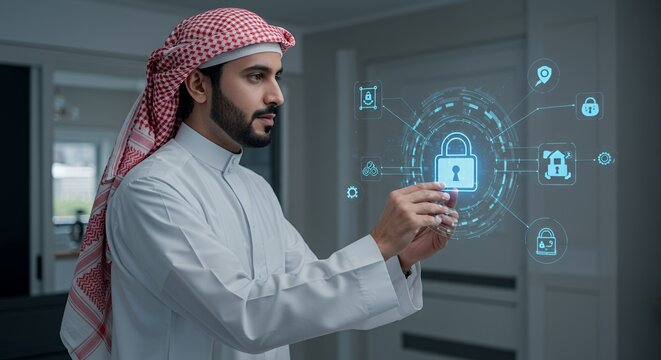 Arab man interacts with a futuristic holographic interface displaying cybersecurity symbols, showcasing technological advancements in a modern