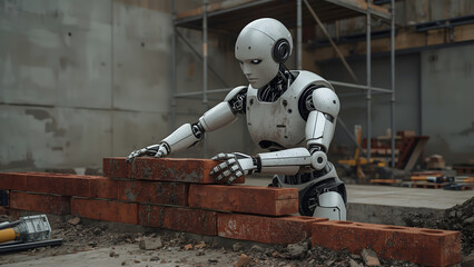 A humanoid robot meticulously lays bricks on a construction site, showcasing advanced robotics in the building industry.