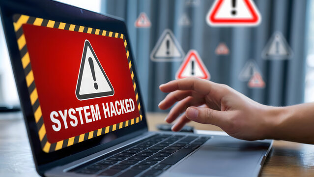 Computer displays a system hacked warning on the screen, symbolizing cyber security breach, data vulnerability, and potential information theft with urgent notification. - Powered by Adobe