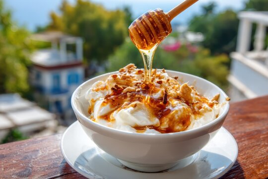 Creamy Greek yogurt drizzled with golden honey and topped with crunchy nuts, served in a white bowl. A delicious summer treat on a sunny terrace.