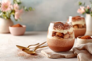 Creamy dessert in a glass filled with layers of cocoa, mascarpone, and ladyfingers, beautifully presented with floral elements and soft pastels in the background