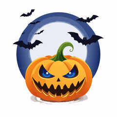 Spooky Halloween Jack-o'-Lantern with Bats and Moon