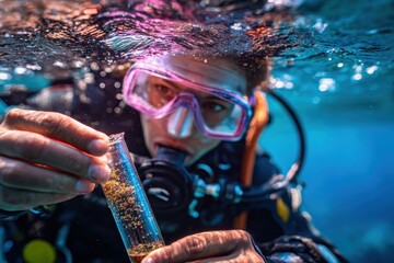 Diver Collecting Samples in Clear Ocean Water While Conducting Research on Marine Life, Underwater Exploration with a Test Tube Filled with Tiny Organisms