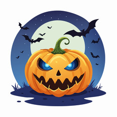 Spooky Halloween Pumpkin with Glowing Eyes and Bats