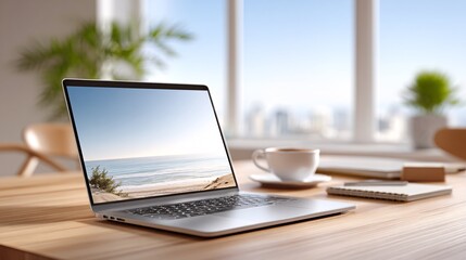 Fototapeta premium Creative workspace inspiration beach view photography modern office bright atmosphere