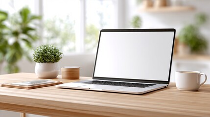 Fototapeta premium Productive workspace scene with laptop home office digital setup bright environment aesthetic view