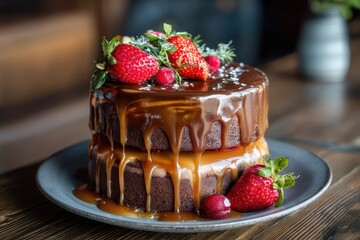 Decadent Chocolate Cake with Caramel Sauce and Fresh Strawberries Perfect for Celebrations and Special Occasions, Captured in a Cozy Cafe Setting