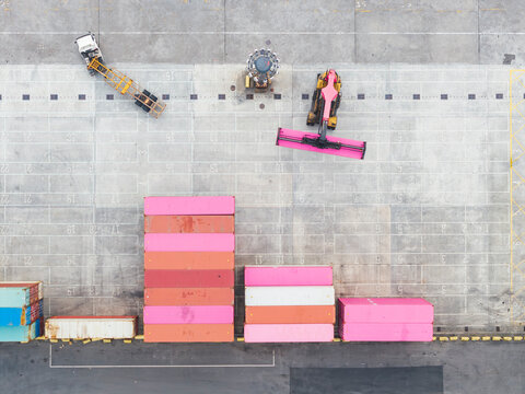 Pink Container Terminal Aerial View With Port Equipment