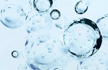 Microscopic Beauty Technology: 3D Illustration of Encapsulated Cosmetic Ingredients in a Blue Liquid Gel Background
