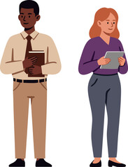 Obraz premium Two diverse professionals standing with digital tablet and book in casual business attire vector illustration