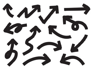 Hand Drawn Black Arrow Brush Collection. A bold collection of hand drawn flat style arrows in various directions and forms including curves zigzags loops and u turns for navigation