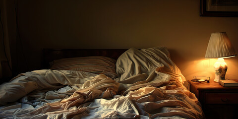 Unmade Bed with Illuminated Nightstand Lamp