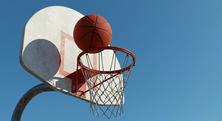 A basketball balanced perfectly on the edge of the hoop with clear blue sky background