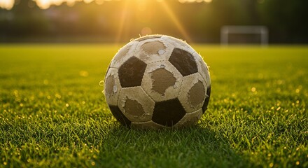 Fototapeta premium A worn-out soccer ball resting on a grassy field under golden evening light