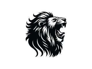 Lion head roar vector. Wild animal logo design. Silhouette of a roaring lion in vector style. Suitable as a logo design element, sports emblem, or symbol of power.