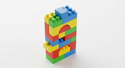 Colorful plastic blocks creatively stacked high against a bright white background. AI Generated