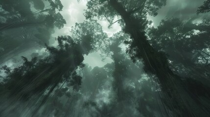 Fototapeta premium Overhead view of dark trees silhouetted against a cloudy sky in a forest