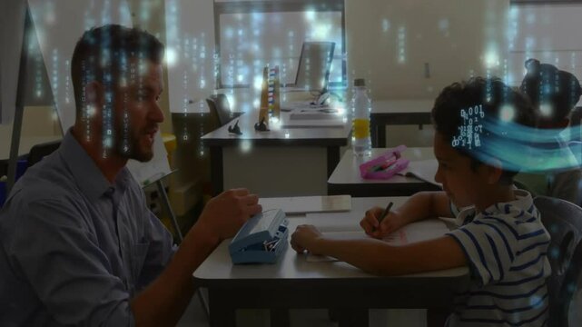Instructor guiding student pressing embossing key, summoning swirling data flow as teaching letters