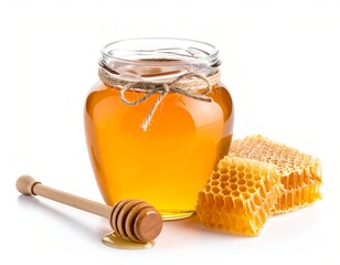 3D honey jar with honey dipper and honeycomb beside, clean white background