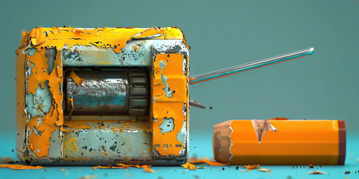 Weathered Pencil Sharpener with Broken Pencil and Shavings
