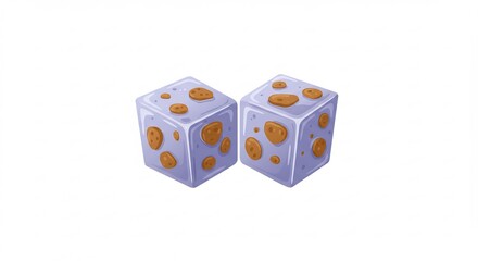 Two translucent purple dice subtly glow showing embedded brown spots. AI Generated