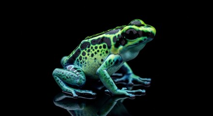 Obraz premium A vibrant green and black poison dart frog sits against a dark background, showcasing its intricate skin pattern.