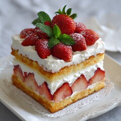 Delicate Strawberry Cake with Layers of Fresh Strawberries and Whipped Cream Topped with Mint Leaves, Perfect for Celebrations and Desserts