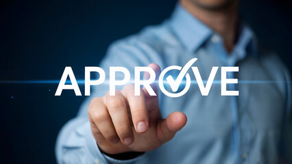 Approval concept showcases a hand touching a glowing interface with a checkmark, symbolizing agreement, consent, and authorized action in a modern digital world.