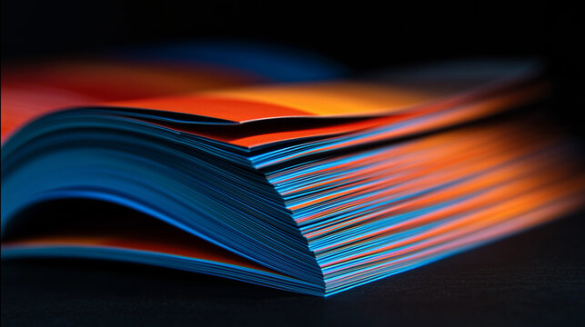 stack of orange and blue flyers fanned out on dark background