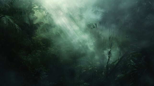 Dark green misty forest background