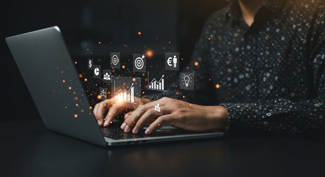 Business Analysis on Laptop with Digital Graphics