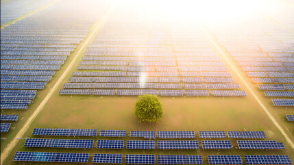 Aerial view of solar panels in a large solar farm with sunlight reflections and green trees in the background