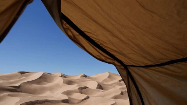 Vue depuis une tente sur des dunes dor&eacute;es