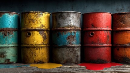 Rusty Drums with Colorful Paint Splatters on Weathered Background