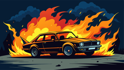 A classic black car with orange accents is engulfed in large, stylized flames against a dark, cloudy sky.