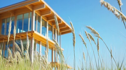 Modern wooden house with grass foreground