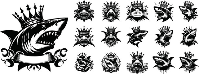 silhouette angry shark head with crown vector logo isolated on white background.Shark esport mascot logo design