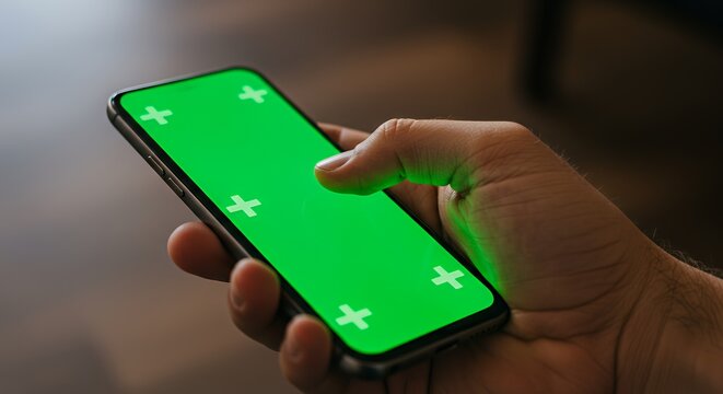 Close-up of a hand using a smartphone with a vibrant green screen, showcasing a simple user interface with plus icons.