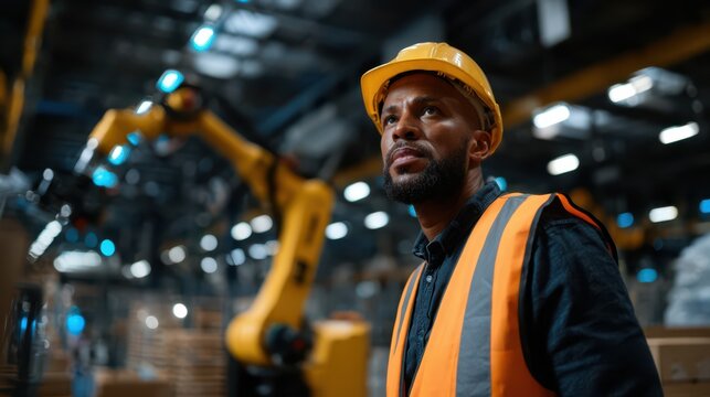 Focused industrial engineer in orange safety vest and yellow hard hat using a digital tablet to inspect robotic machinery in a high-tech automated manufacturing facility at night