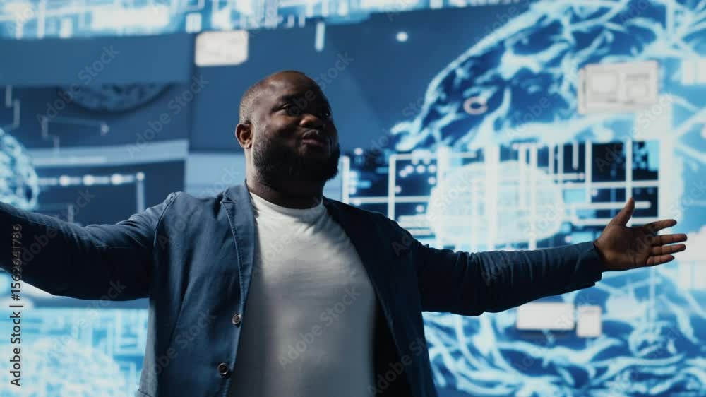 Poster african american guy reviews smart tech ai systems to interact with cybernetic platforms and ai inte
