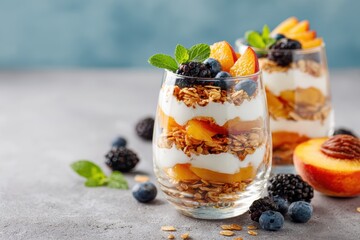 Delicious and Nutritious Layered Yogurt Parfait with Fresh Fruits, Granola, Blueberries, and Mint for a Healthy Dessert or Snack Option