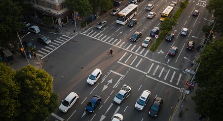 Urban Crossroads: A cyclist navigates a busy city intersection, surrounded by vehicles and pedestrians.
