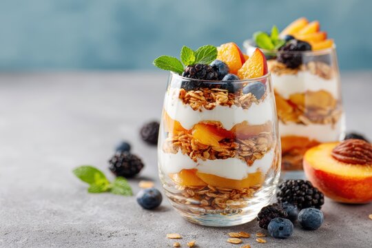 Delicious and Nutritious Layered Yogurt Parfait with Fresh Fruits, Granola, Blueberries, and Mint for a Healthy Dessert or Snack Option - Powered by Adobe