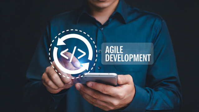 The modern developer uses a smartphone for agile development, showcasing software coding, continuous improvement, and iterative project management with a touch of technology and innovation.