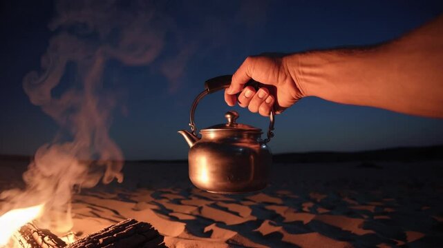 Main tenant une bouilloire au-dessus d&rsquo;un feu sur la plage