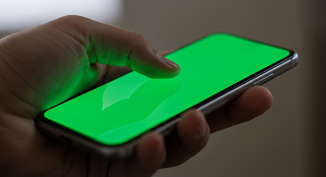Close-up of a hand using a smartphone with a vibrant green screen, showcasing effortless digital interaction in a dimly lit setting.