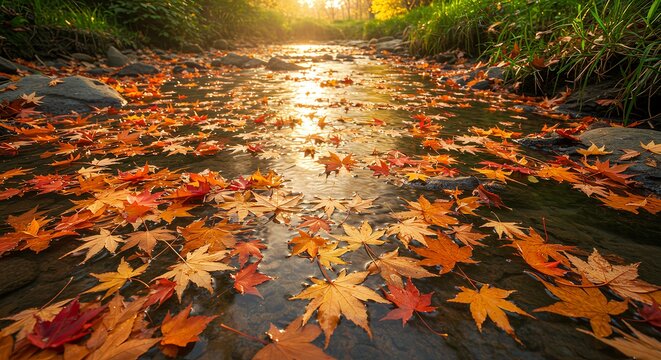 Autumn leaves float on a shallow, flowing stream under the sunlight. - Powered by Adobe