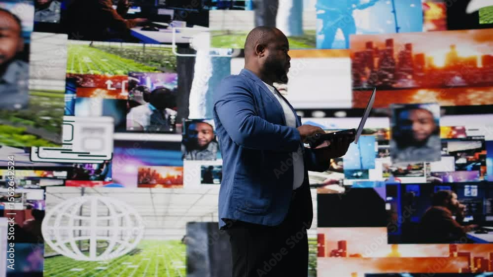 Poster high tech black user connecting on web platforms with vibrant digital interfaces and data visualizat