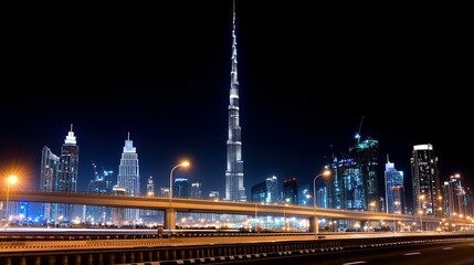 Illuminated city skyline at night with towering skyscrapers.