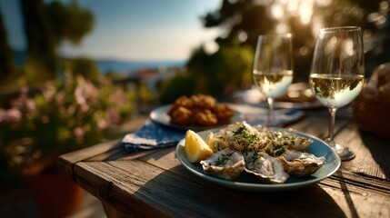Gourmet seafood dining with fresh oysters, lemon wedges, and two glasses of white wine on rustic wooden table outdoors, overlooking ocean view during sunset, romantic summer vacation meal